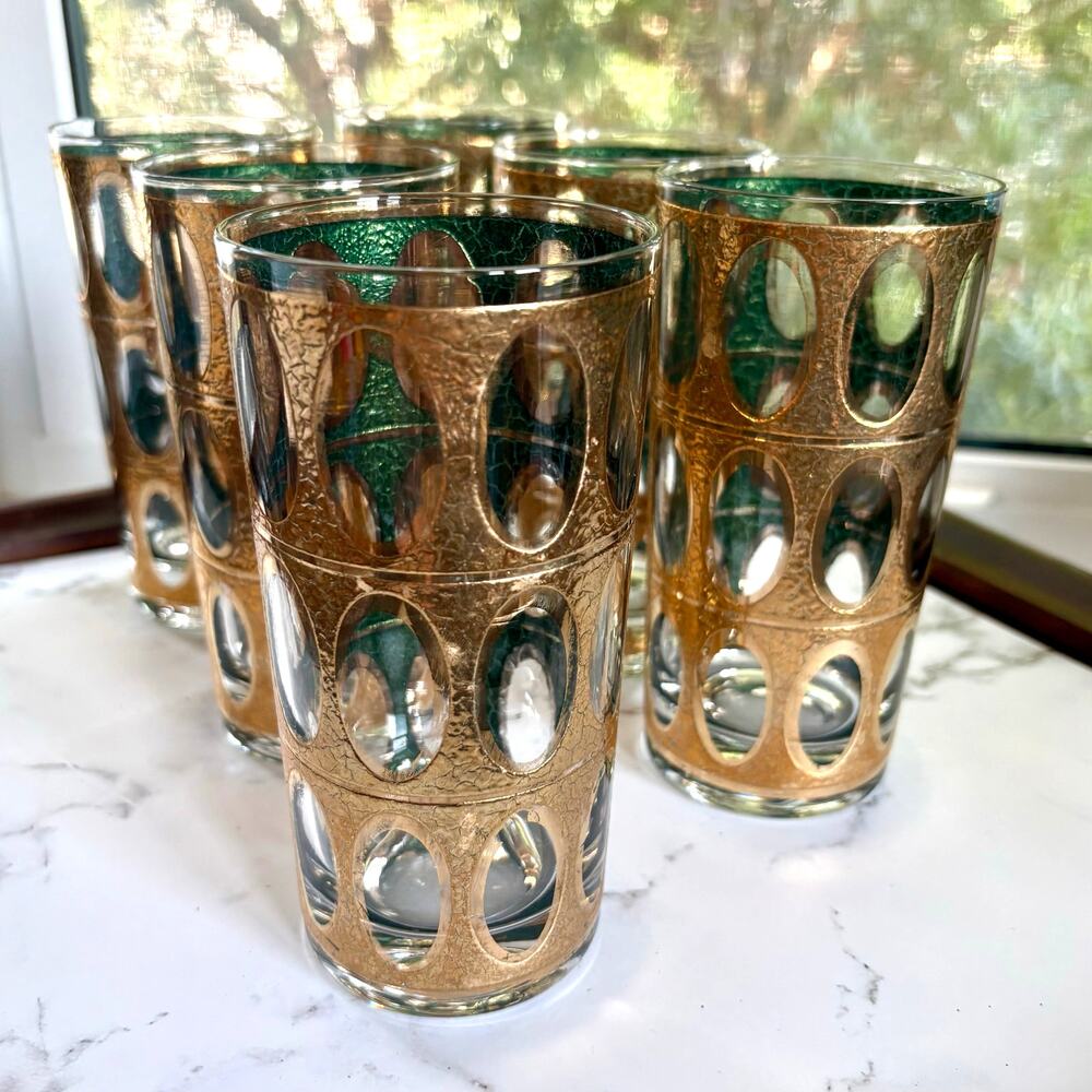 Vintage Culver Pisa 22K Gold Green Crackle Highball Glasses Set of 6